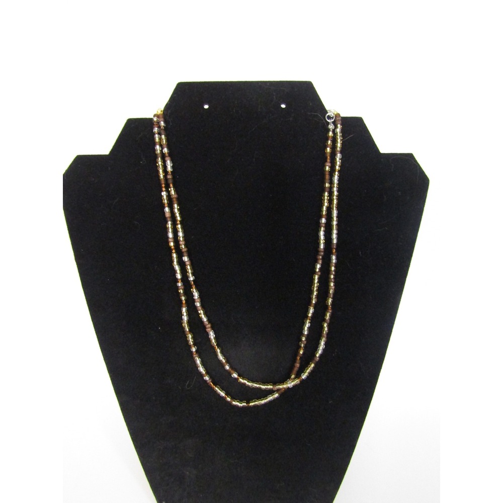 Set of 2 Beaded Necklaces Gold Brown Clear Seed Bead Boho Layering 16-18 inch